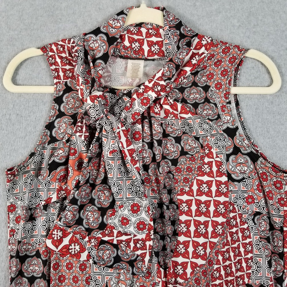 American City Wear Blouse Womens Medium Red Black Floral Tie Neck Sleeveless Top - Picture 2 of 9